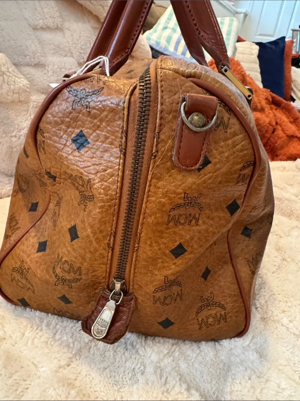 MCM Cognac Monogram Satchel with Dark Brown Handles and Gold Hardware